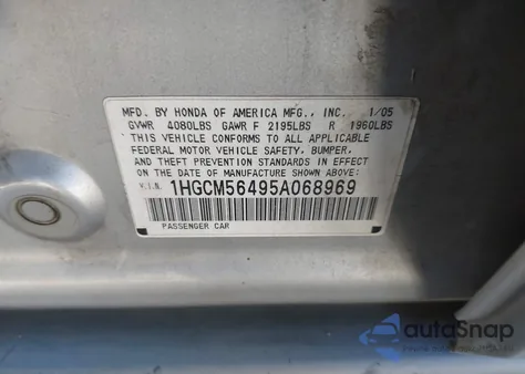 2005 Honda Accord 2.4 Lx z USA, uszkodzony, nr VIN 1HGCM56495A068969